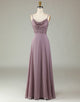 A Line Spaghetti Straps Dusty Pink Long Bridesmaid Dress with Beaded