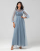 A Line Jewel Neck Grey Blue Long Bridesmaid Dress with Long Sleeves