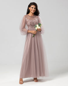 A Line Jewel Neck Grey Blue Long Bridesmaid Dress with Long Sleeves