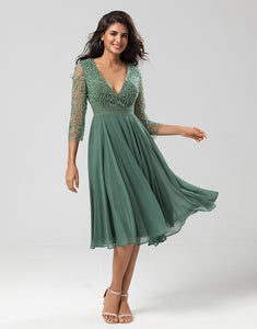 A Line V-Neck Eucalyptus Bridesmaid Dress with Long Sleeves