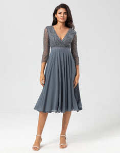 A Line V-Neck Eucalyptus Bridesmaid Dress with Long Sleeves