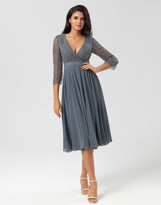 A Line V-Neck Eucalyptus Bridesmaid Dress with Long Sleeves