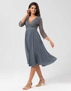 A Line V-Neck Eucalyptus Bridesmaid Dress with Long Sleeves