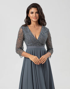 A Line V-Neck Eucalyptus Bridesmaid Dress with Long Sleeves