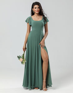 A-Line Green Long Bridesmaid Dress with Ruffles