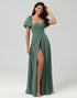 Chiffon Puff Sleeves A Line Eucalyptus Bridesmaid Dress