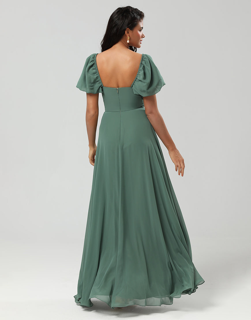 Dressself Women Chiffon Puff Sleeves A Line Eucalyptus Bridesmaid Dress & Wedding Party Dressself Women Chiffon Puff Sleeves A Line Eucalyptus Bridesmaid Dress & Wedding Party
