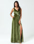 V-Neck Sleeveless A Line Olive Velvet Bridesmaid Dress with Slit
