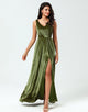 V-Neck Sleeveless A Line Olive Velvet Bridesmaid Dress with Slit