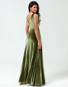 V-Neck Sleeveless A Line Olive Velvet Bridesmaid Dress with Slit