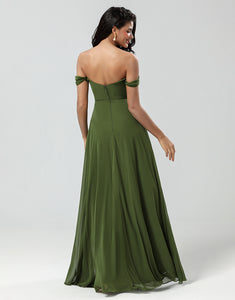 Off The Shoulder A Line Olive Bridesmaid Dress with Slit