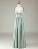 Deep V-Neck A Line Green Long Bridesmaid Dress with Ruffles