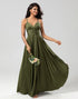 A Line Spaghetti Straps Olive Long Bridesmaid Dress with Ruffles