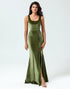 Mermaid Square Neck Olive Long Bridesmaid Dress with Slit