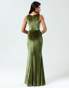 Mermaid Square Neck Olive Long Bridesmaid Dress with Slit