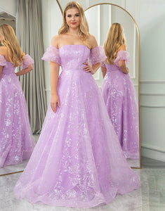 Sparkly Lilac A Line Off The Shoulder Long Prom Dress