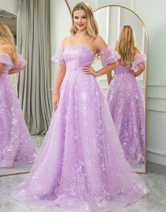Sparkly Lilac A Line Off The Shoulder Long Prom Dress
