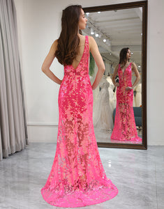 Mermaid Fuchsia Sequins Long Prom Dress