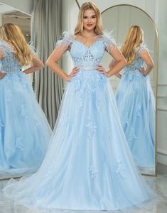 Light Blue A Line Long Prom Dress With Feathers