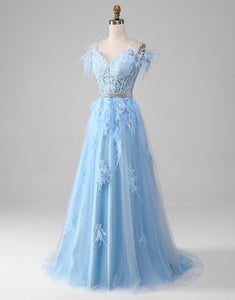 Blue A-Line V-Neck Long Prom Dress with Feathers