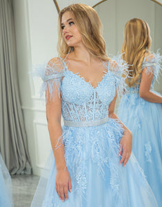 Light Blue A Line Long Prom Dress With Feathers