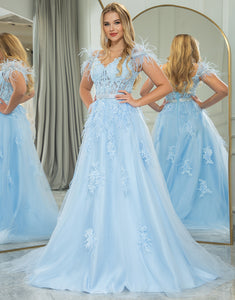 Light Blue A Line Long Prom Dress With Feathers