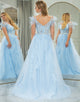 Light Blue A Line Long Prom Dress With Feathers