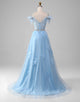 Blue A-Line V-Neck Long Prom Dress with Feathers