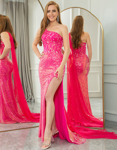 Sparkly Fuchsia Mermaid One Shoulder Long Prom Dress With Slit
