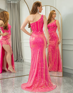 Sparkly Fuchsia Mermaid One Shoulder Long Prom Dress With Slit