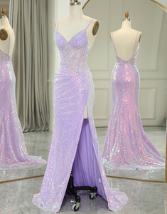 Sparkly Purple Mermaid Corset Prom Dress With Slit