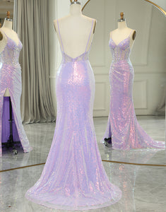 Sparkly Purple Mermaid Corset Prom Dress With Slit