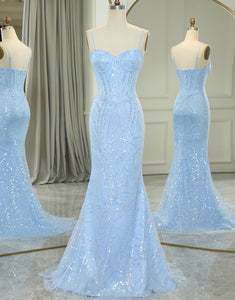 Sparkly Light Blue Mermaid Long Prom Dress With Appliques