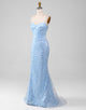 Sparkly Light Blue Mermaid Long Prom Dress With Appliques