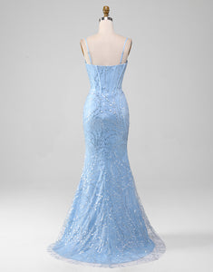Sparkly Light Blue Mermaid Long Prom Dress With Appliques