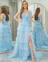 Blue A Line Tiered Long Prom Dress With Slit