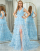 Blue A Line Tiered Long Prom Dress With Slit