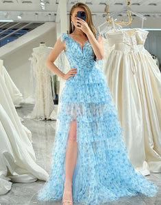 Blue A Line Tiered Long Prom Dress With Slit
