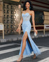 Light Blue Mermaid Strapless Sweetheart Neck Prom Dress with Lace Applique