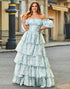 Light Blue A Line Off The Shoulder Long Tiered Long Prom Dress
