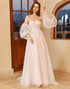 Blush Sweetheart Polka Dots Wedding Dress with Puff Sleeves