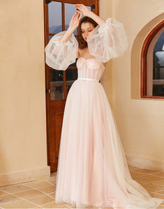 Blush Sweetheart Polka Dots Wedding Dress with Puff Sleeves