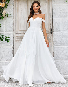 Elegant A Line Off the Shoulder Ivory Chiffon Wedding Dress with Lace