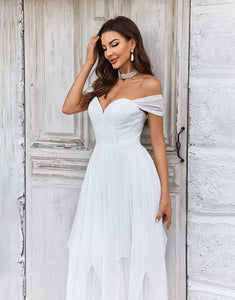 Elegant A Line Off the Shoulder Ivory Chiffon Wedding Dress with Lace