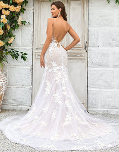 Ivory Mermaid Illusion Boat Neck Lace Wedding Dress