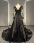 Black V Neck Long Sleeves Sequins Wedding Dress With Appliques