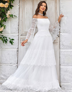 Ivory Sweep Train Flare Sleeves Wedding Dress