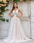 Gorgeous A Line Deep V Neck Champagne Tulle Wedding Dress with Lace