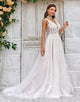 Gorgeous A Line Deep V Neck Champagne Tulle Wedding Dress with Lace