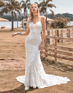 Charming Mermaid Spaghetti Straps Lace Ivory Wedding Dress with Sweep Train